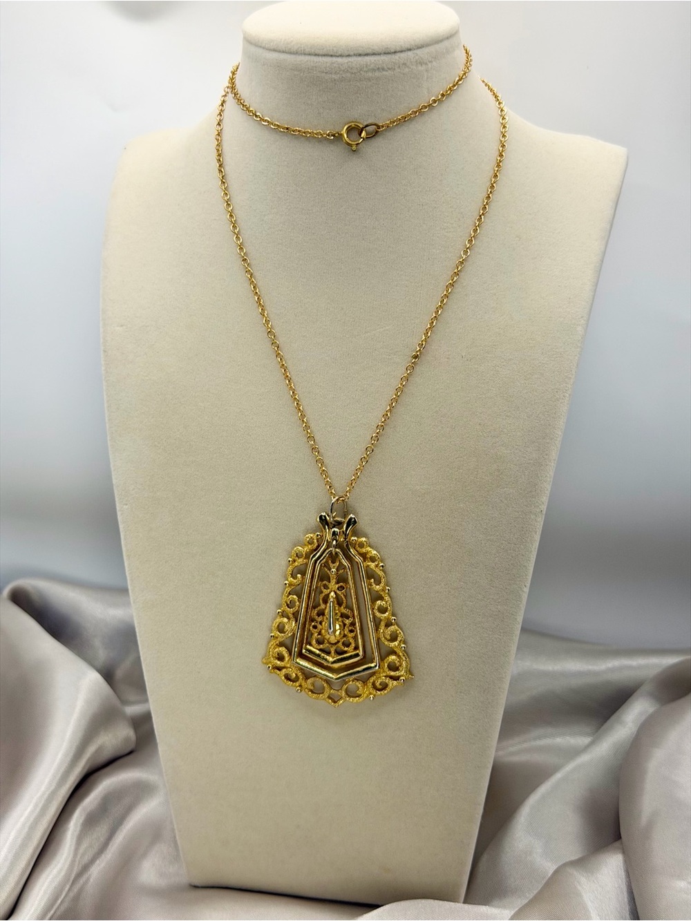 Vintage JJ Jonette Gold Tone Statement Pendant Necklace Geometric Openwork